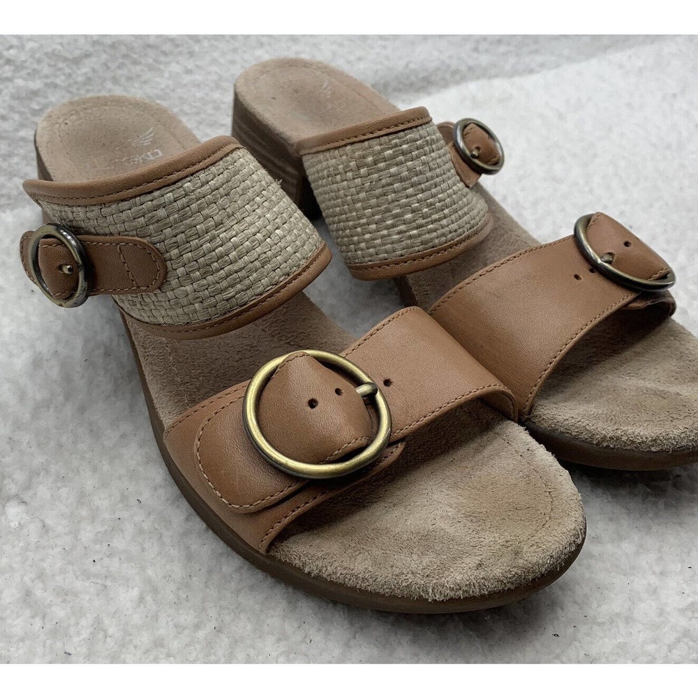 Dansko Debby Wedge Sandals Womens 39 Full Grain Raffia Tan Brown Leather Woven - Picture 3 of 14